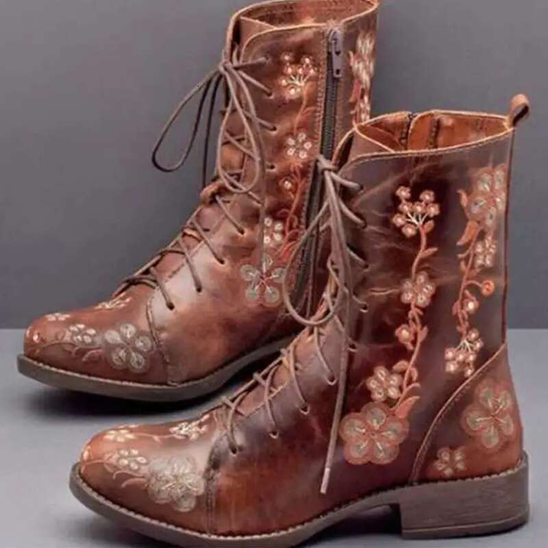 Women's Retro Floral Print Embroidered Ankle Boots - Color-Blocked Square Toe Low Heel With Zipper Closure, Microfiber Cover & Rubber Sole