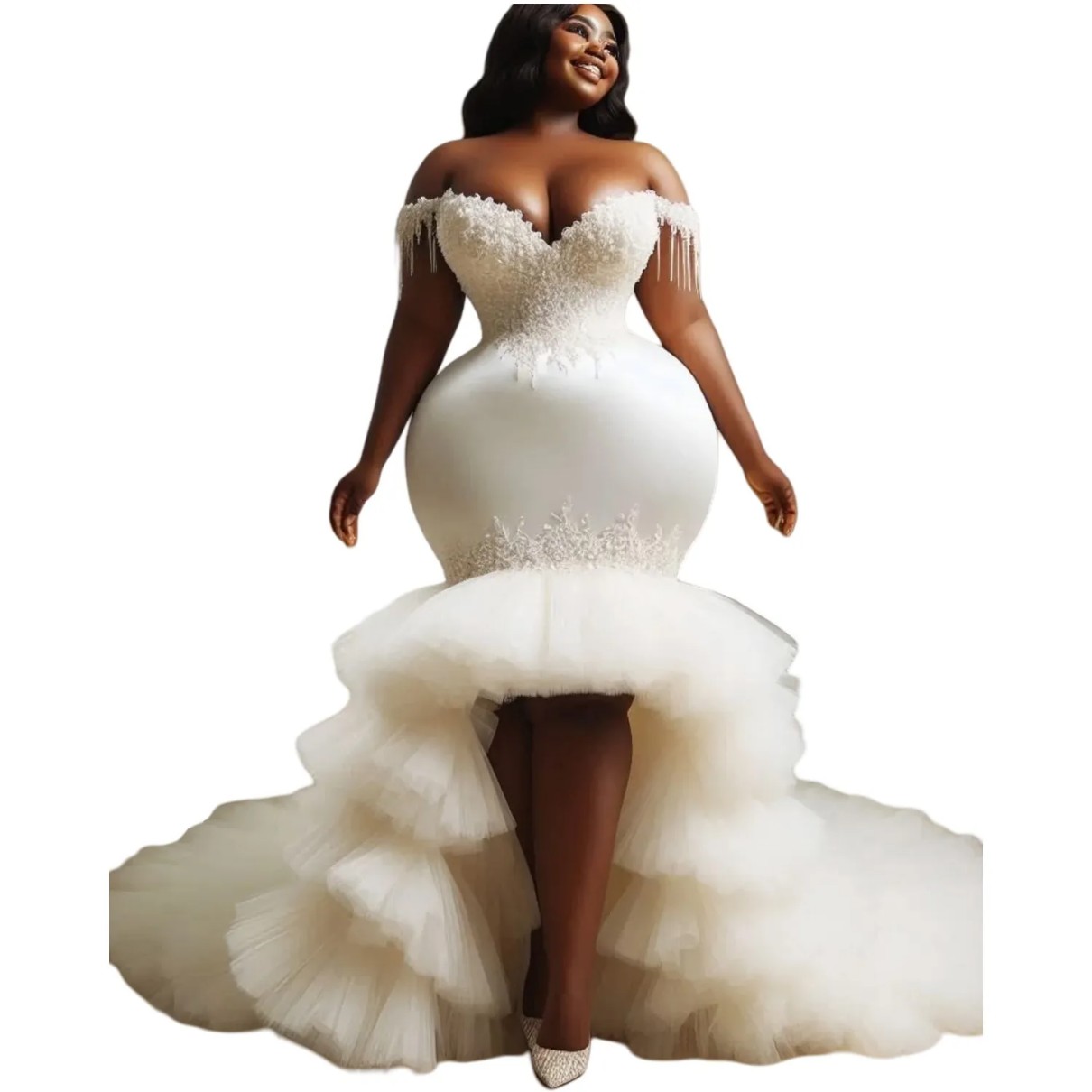 Oversize Aso Ebi Plus Size Wedding Dress in Ivory with Lace Beaded Sweetheart and Vintage Tulle