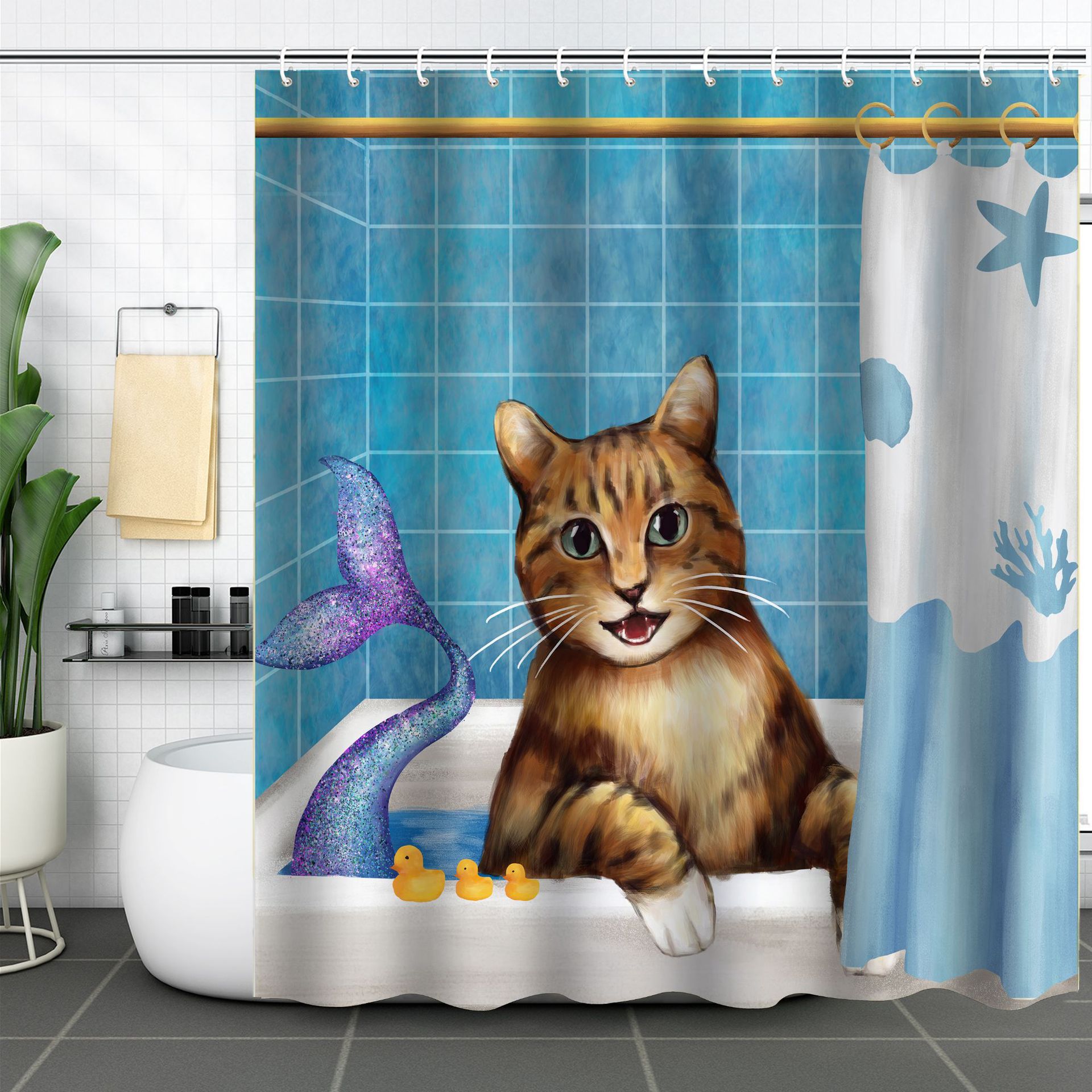 YL-37578 3D digital shower curtain for cat bathing bathroom with dry and wet separation polyester with hooks
