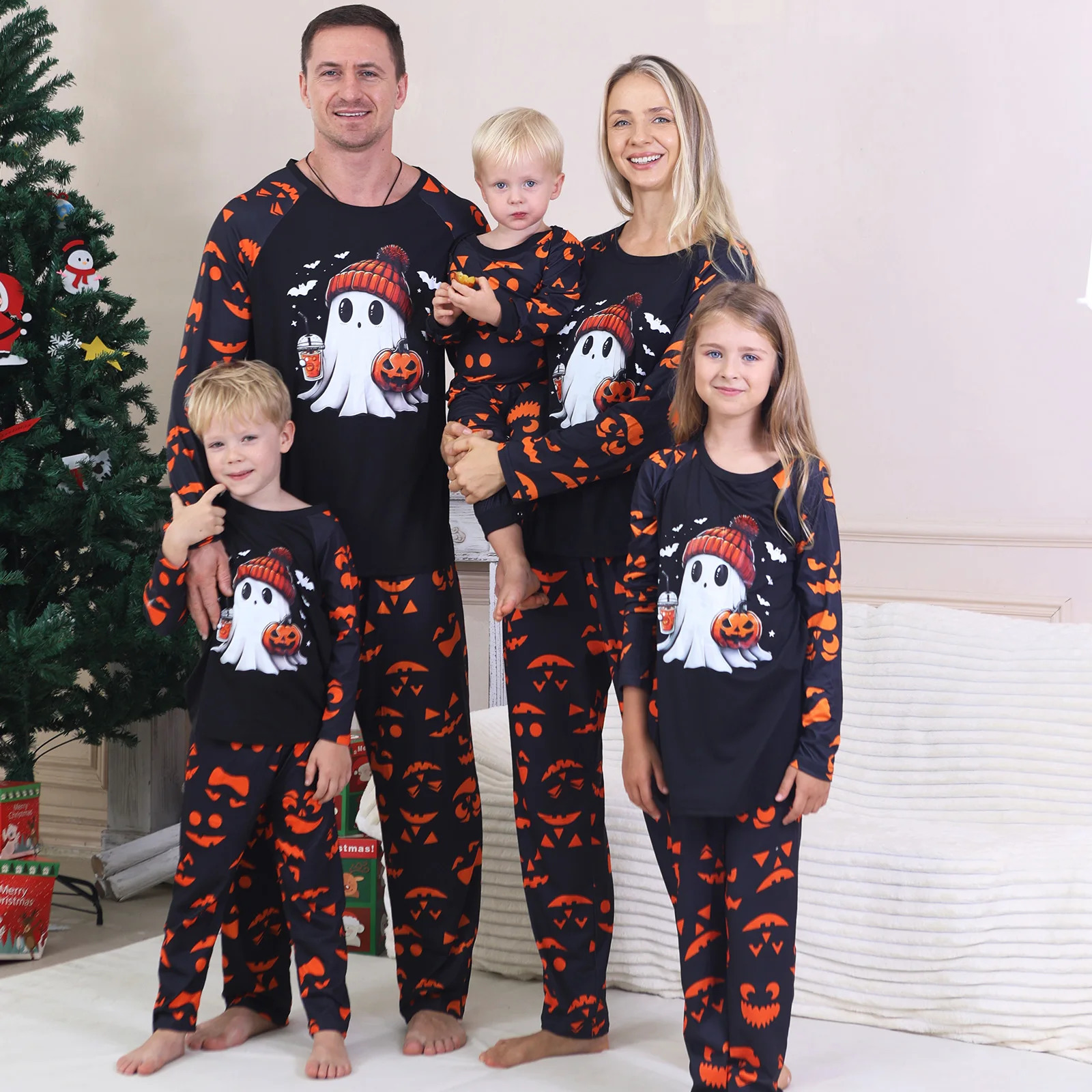Family Look Halloween Party Pajamas Set Mom Daughter Dad Son Matching Outfits Cartoon Print Soft Loose 2 Pieces Suit Sleepwear 251027
