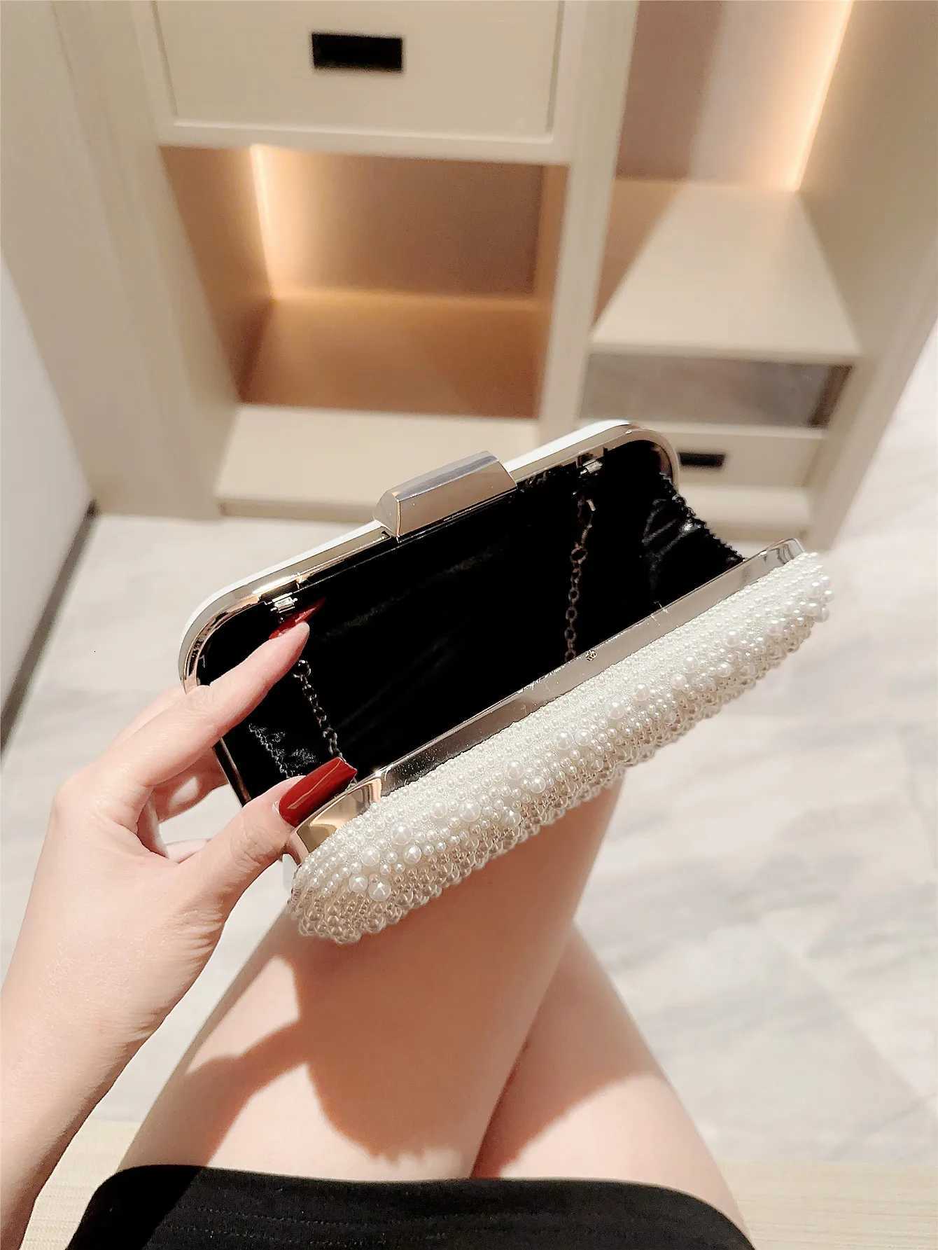 New Pearl Square Box Type Evening Bag Beaded Clutch Chain Bag Banquet Bag Evening Bag Dress Bag Wedding Bag H251027