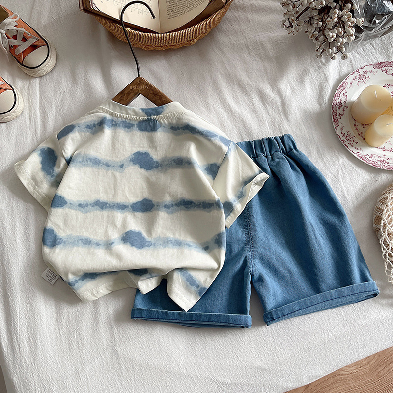 Free Shipping 2025 Boys Summer Outfit, Crab Print Stripe Short Sleeve 2-Piece Set, Casual Beach Clothing for Baby Boy & Toddler