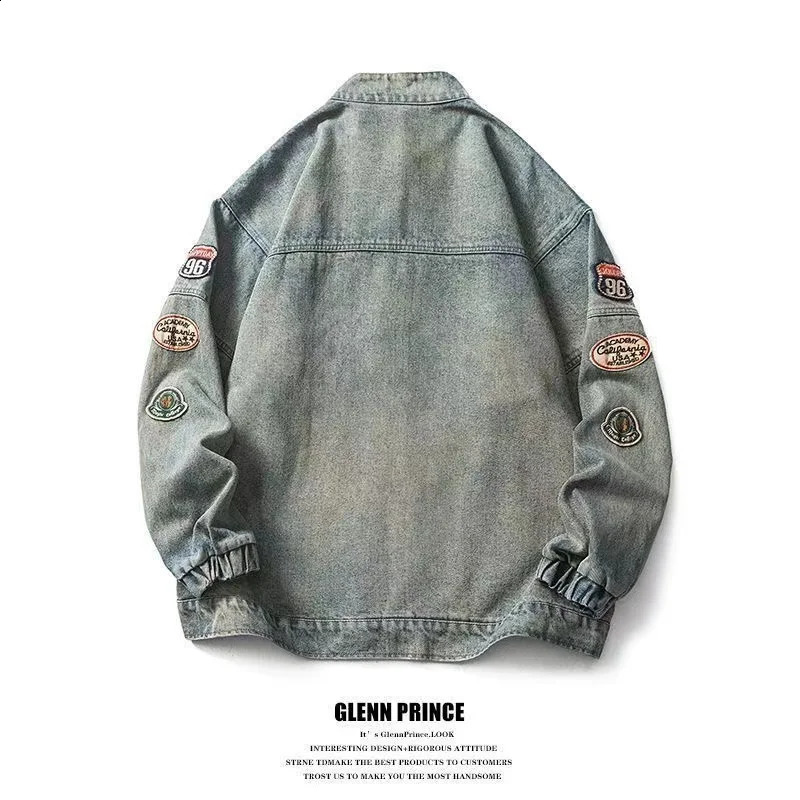 Vintage washing denim jacket mens loose paired with zipper top letter embroidered street clothing hiphop casual 251017