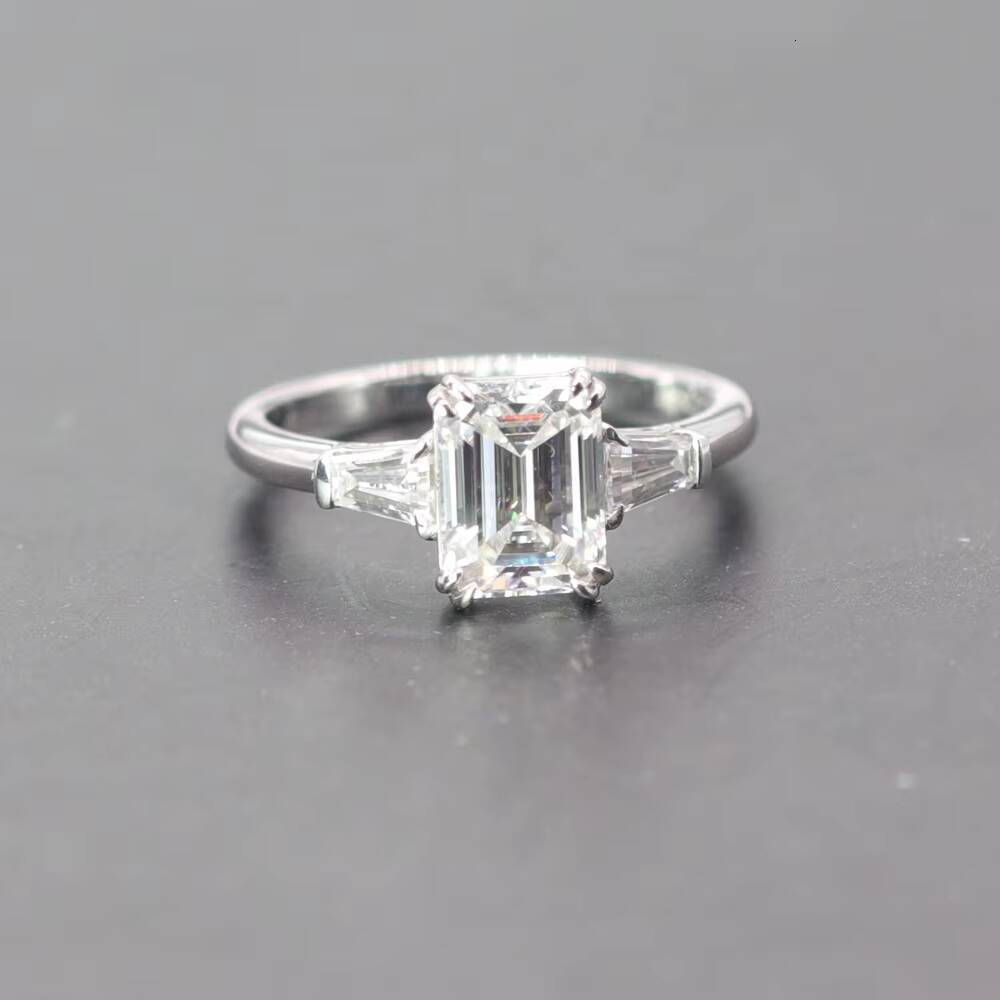 18K Solid White Gold Custom Jewelry Ring with 2CT Emerald Cut Main Stone Elegant Trapezoid Shape Moissanite White Gold Matched