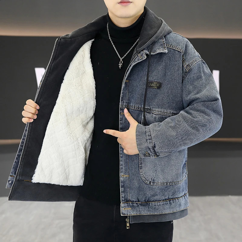 Winter Mens Thicken Warm Denim Jacket Cotton Loose Hooded jean Outwear Coat Solid jacket Men Casual Couple Streetwear 251017