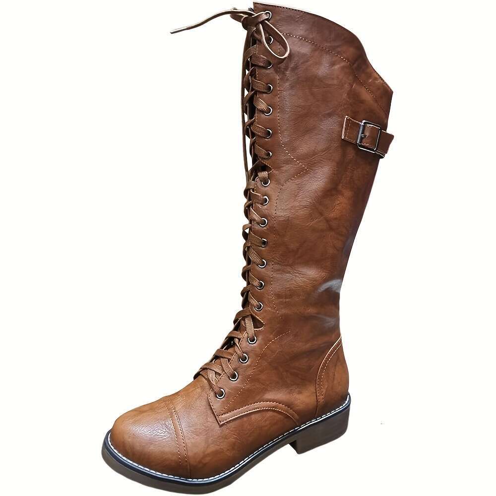 Women's Knee-High Slouch Lace-Up Opening, Low Heel Round Toe Faux Cover All-Season Zipper Closure Cushioned Insole Red/Black/Brown Western Dress,