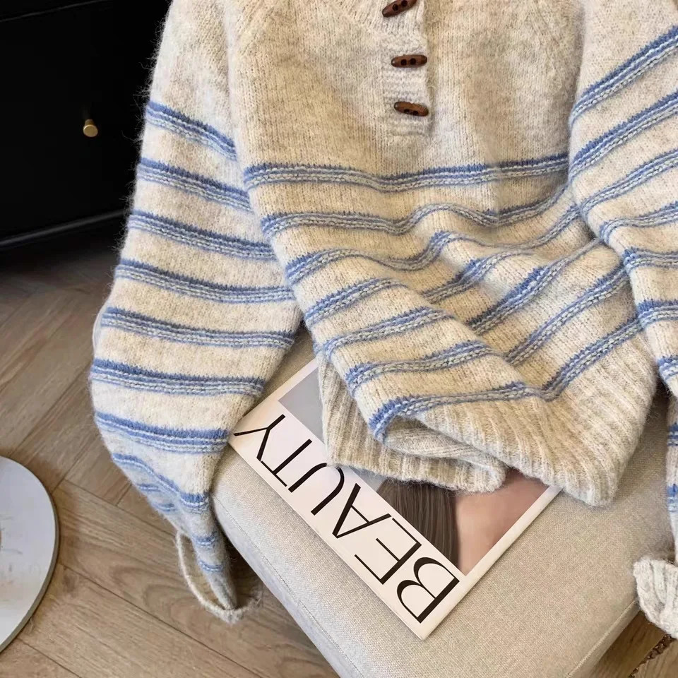 Knitted Button Pullover Oneck Womens Sweater Retro Stripe Jumper 2025 Fashion Casual Winter Knitwear 251027