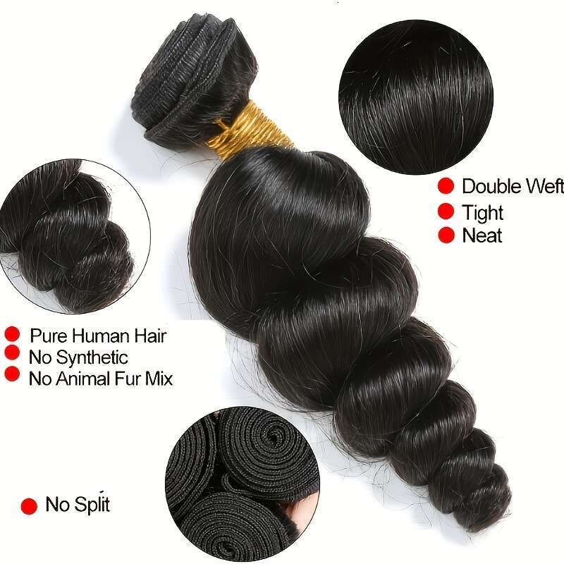 3 Bundles Brazilian Virgin - Natural Black Weave Women, Long Loose Wave Curly With & Length, Natural-Looking Hairline, High-Quality Lace Closure