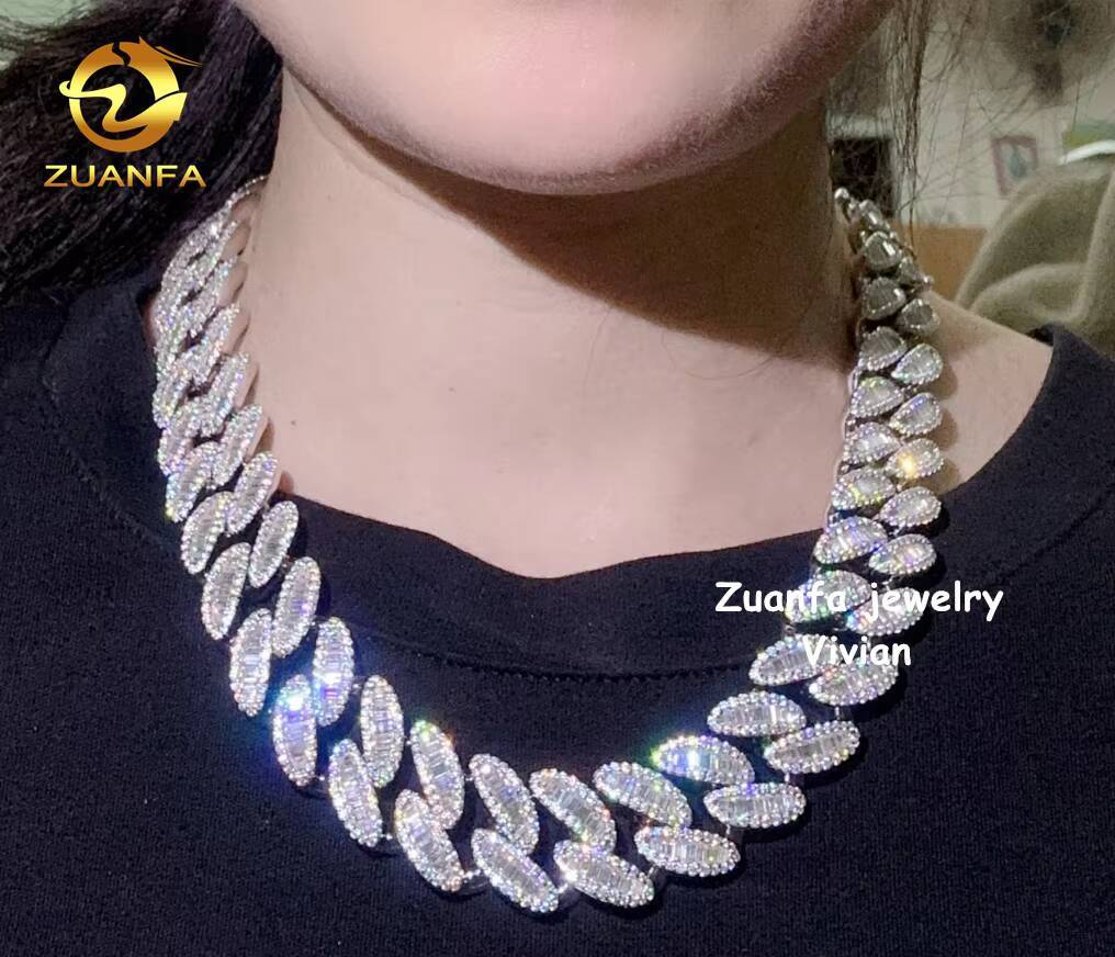 VVS Moissanite 20mm Pass Diamond Tester Iced Out Fine Jewelry Diamond Sterling Silver 925 Cuban Link Chain Necklace