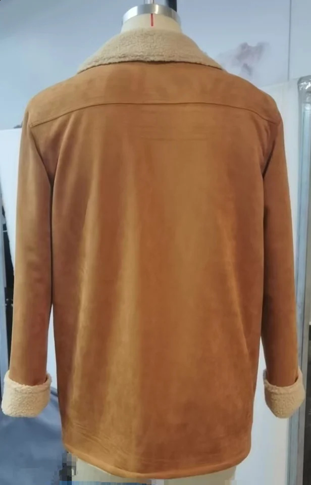 Mens Vintage Suede Shearling Coat Fleece Lined MidLength Jacket with Zipper Pockets Reverse Collar and Warm Wool Fur 251027