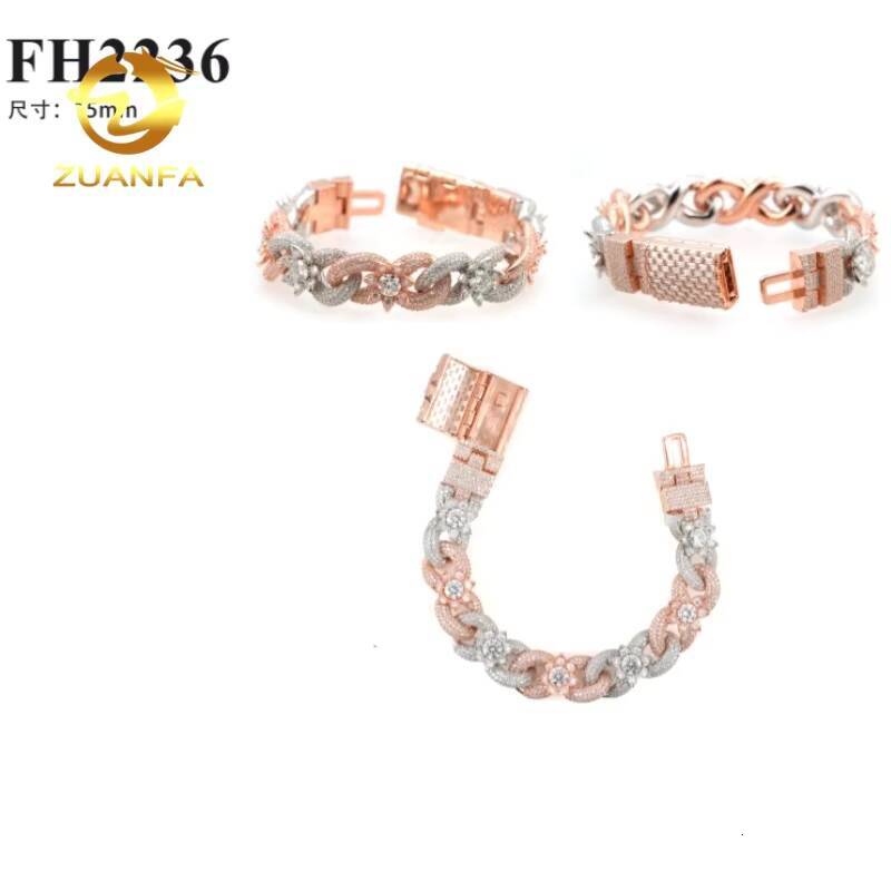 Lotus Flower Infinity Links 15mm Moissanite Chain Cuban Links Thick Heavy 925 Silver Cuban Link Chain Necklace 2 Tone