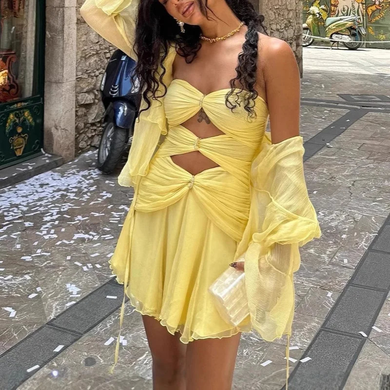 Female Solid Pleat Party Dress Women High Street Cocktail Mini Dress Sexy 2025 Strapless Night Club Hollow Backless Mini Dress 251027