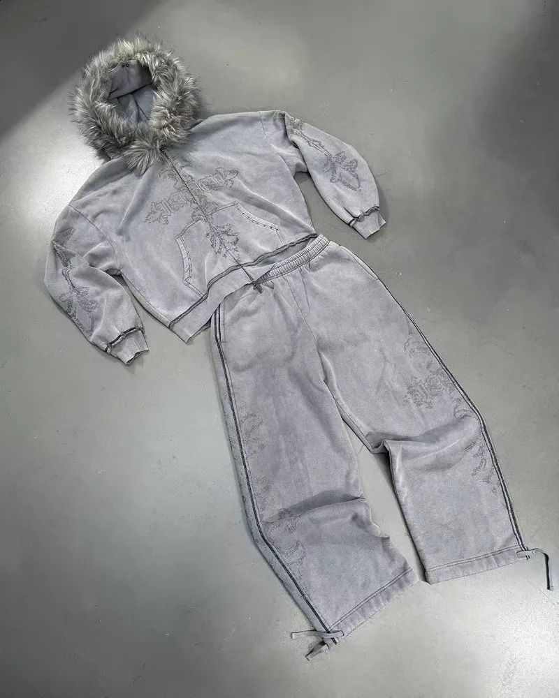 American high street gray cross fluff women men hoodie Y2K personality fashion casual top clothing oversized loose sweatshirt 251027