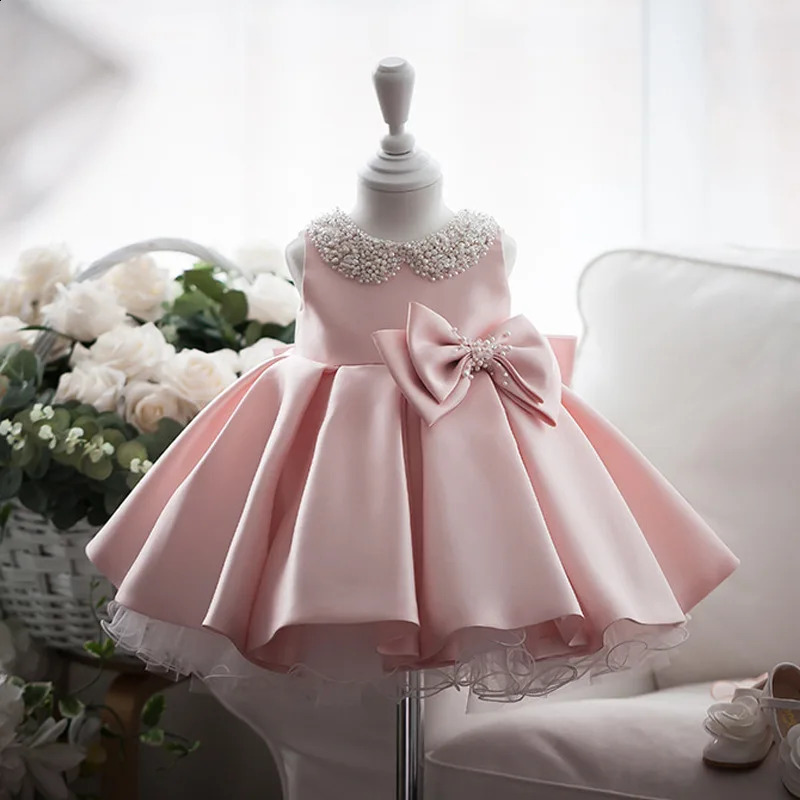 ToddlerWhite Wedding Satin Princess Baby GirDress Bow1Year Birthday Evening Party 251023