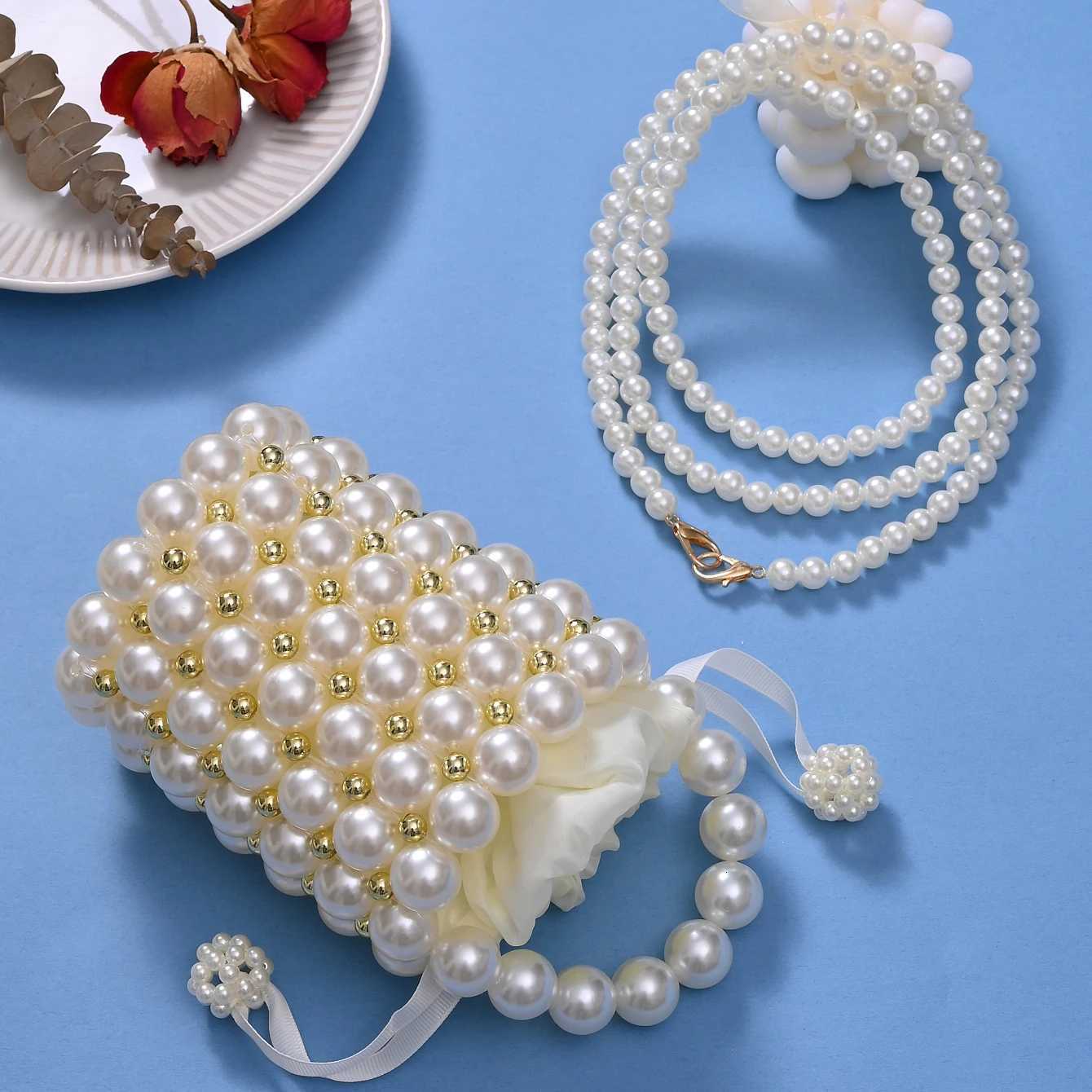 fAshion party women and mini handmade shoulder crossbody bag beaded handbag cluTCh purse pearl bucket bag H251027