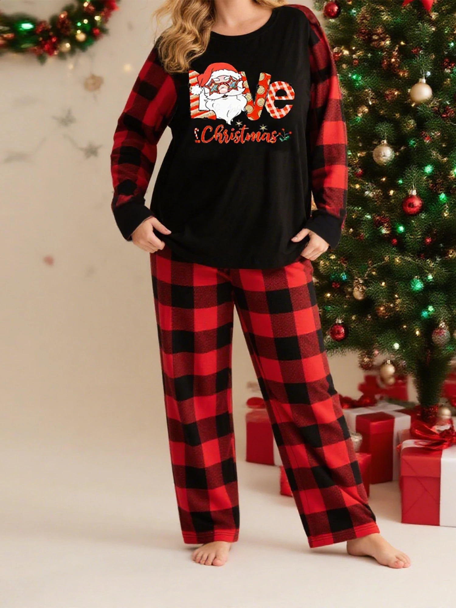 Women s Christmas Pajama Set Festive Long Sleeve Top with Reindeer Print and Matching Plaid Pants for Cozy Sleepwear 251020
