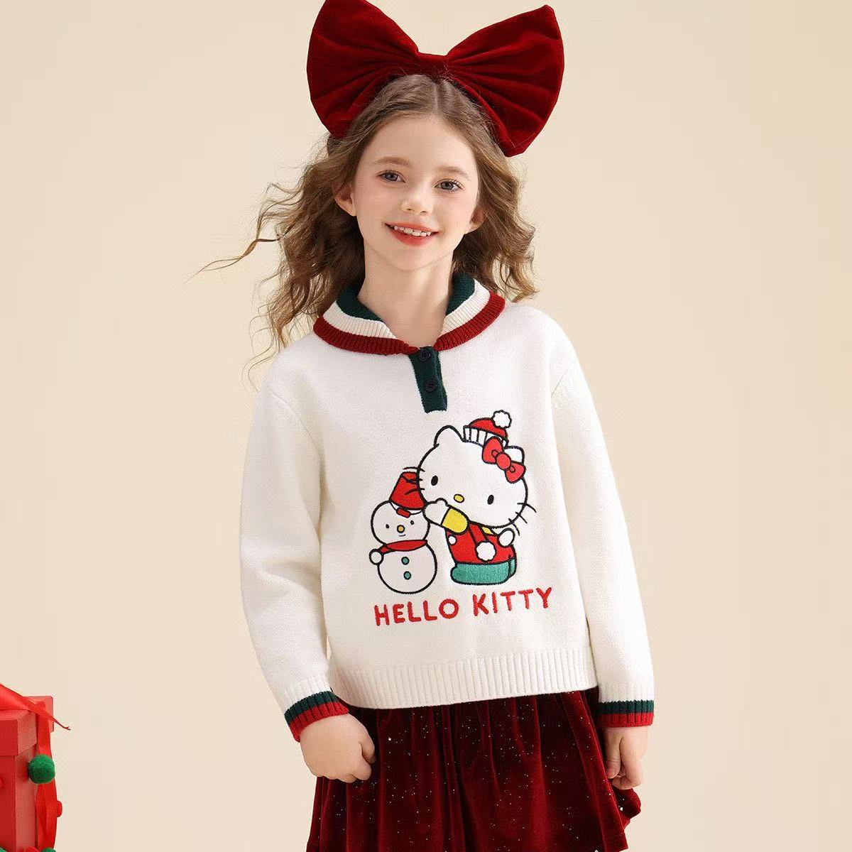 Sanrio HelloKitty Girls' Autumn and Winter Sweater Children's Christmas Style Warm Wool Sweater for Medium and Large Sizes L251028