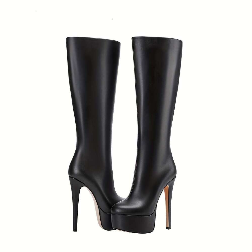 Women's Quality Platform High-Heeled Knee-High Glossy Black Zipper Closure, Ultra-High Heel Round Toe Elegant Events, Parties, Attire Comfortable