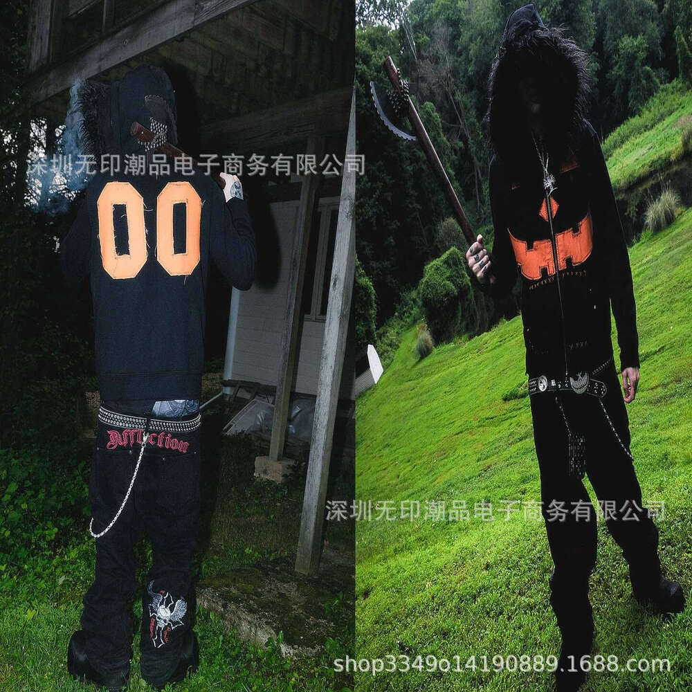 Loose Dark Style Horror Pumpkin Head Unisex 3D Patch Embroidery Pattern Hoodie