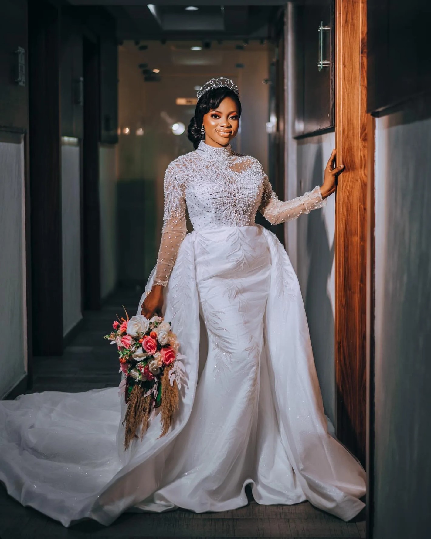 Arabic Aso Ebi Plus Size Mermaid Wedding Dress in Ivory with Lace Full Sleeves Pearls Crystals and Detachable Train