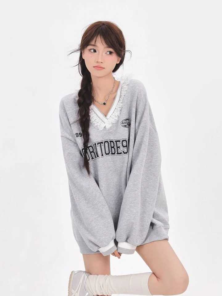 Jmprs Lace Patchwork Y2K Sweatshirts Women Streetwear Retro Loose Letter Pullovers American Casual Long Sleeve Harajuku Tops New J251028