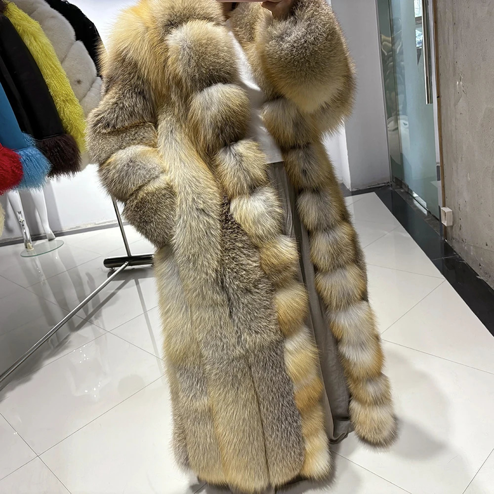 YOLOAgain Long Real Fox Fur Jacket Coat Women2025 Winter Natural Golden Fox Fur Coat Outerwear 251027