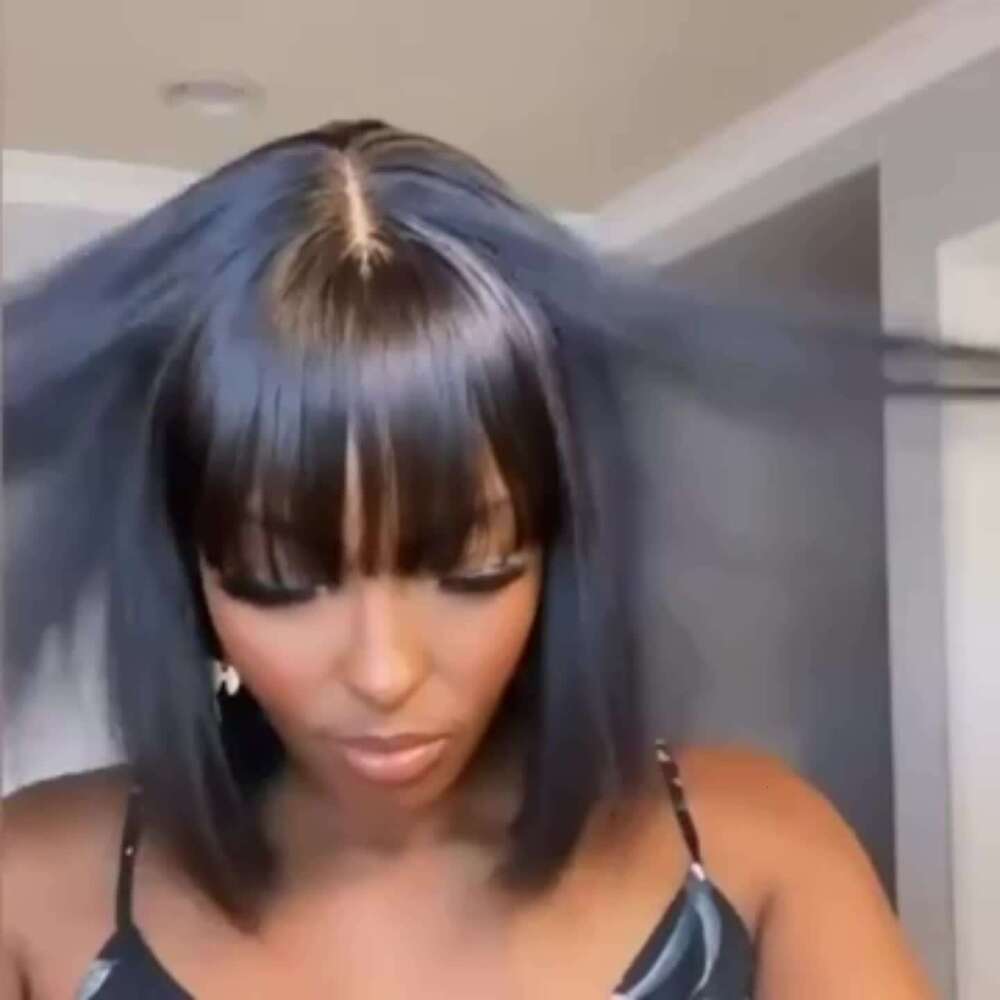 180% 4X1 HD Lace Short Straight Human Hair Glueless Wig Natural Color With Bangs Brazilian Remy Put On Go Bob Wigs For Women