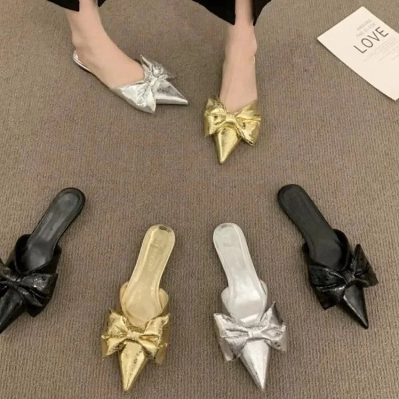 Bowtie Mule Shoes Women Fashion Pointed Toe Stripe Wave Slipon Sandals Ladies Satin Silk Outdoor 251023