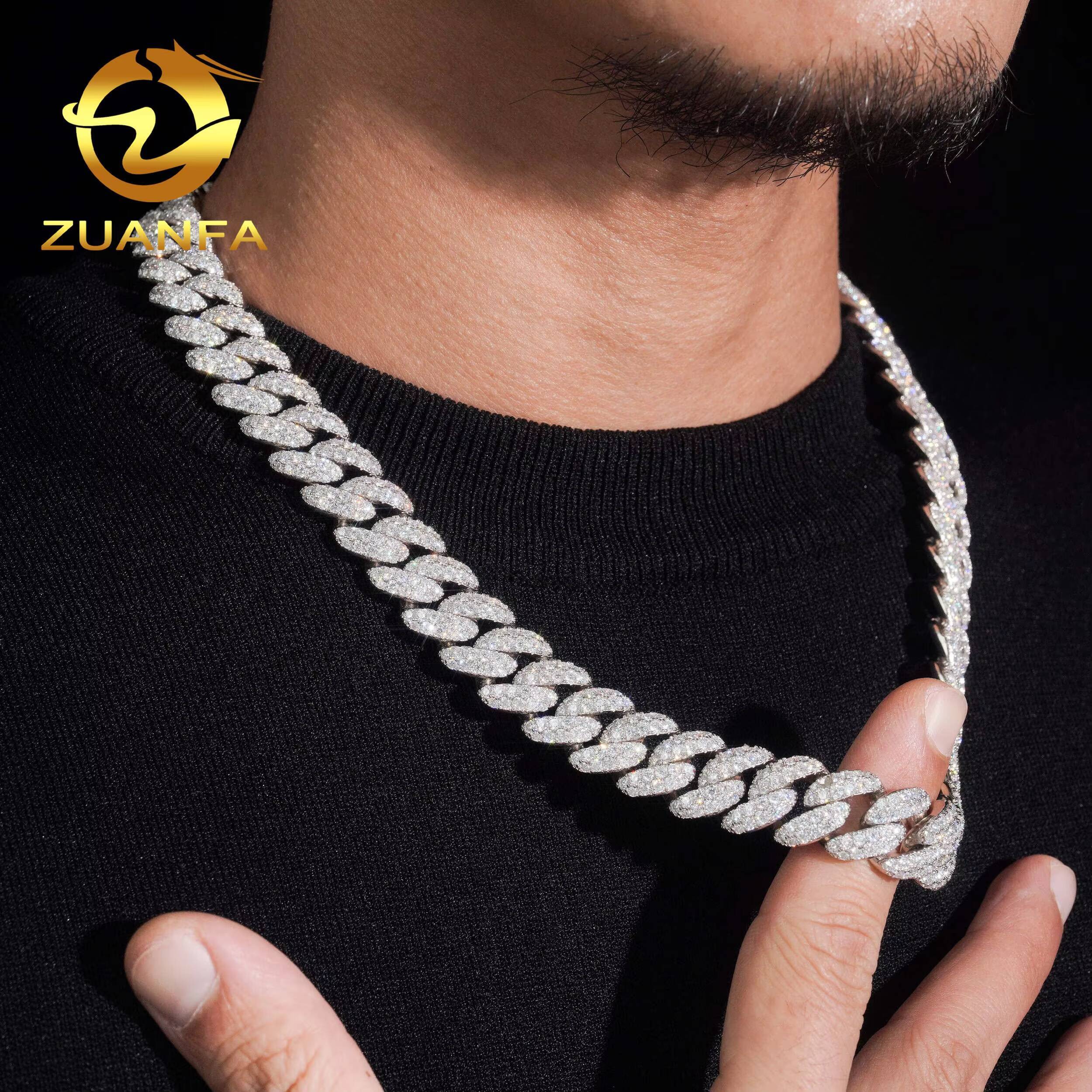 Two Row 12mm Moissanite Chain Cuban Links New Moon Soldier Chain Iced Out Necklace 925 Silver Cuban Link Chain Necklace