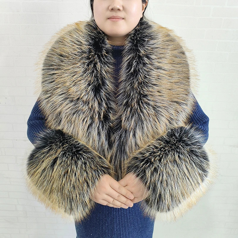 Large Winter Faux Fox Fur Scarf Women Jackets Warm Fluffy Shawl Fashion Artificial Fur Collar And Cuff Set Fluffy Scarves Female 251024