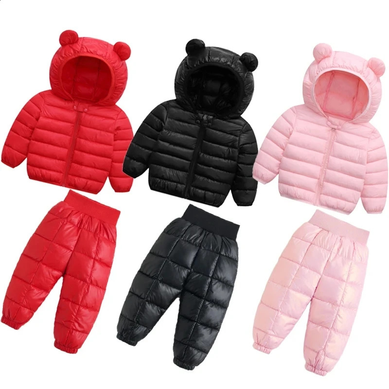 Toddler Winter Baby Girls Boys Warm Faux Down Hoody Jacket Coat Clothes Sets Children Kids Snowsuit Outerwear Pants Overalls 251023