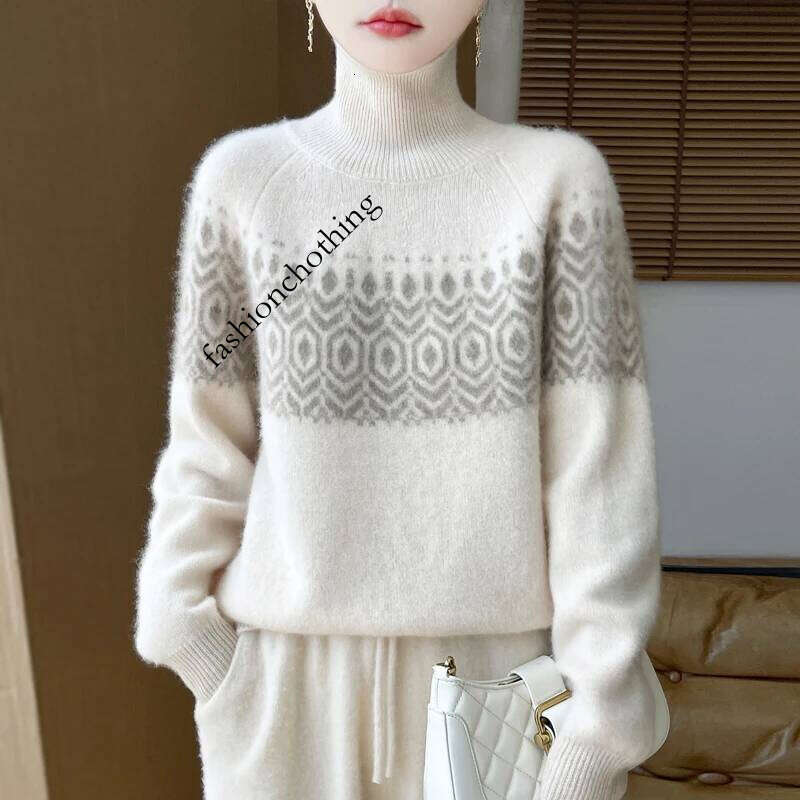 New Autumn/Winter 100% Merino Wool Sweater Casual Loose High Collar Pullover Fashion Korean Jacquard Women's Top
