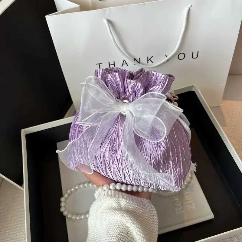 Lace Bow Bucket Crossbody Bags for Women Fashion Sweet Pearl Beading Pouch Ins Ladies Shoulder Handbags Allmatch Fairy SimpleW251028