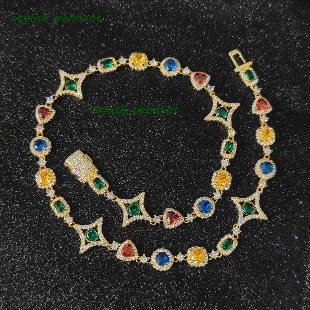 New Arrival Colorful Gemstone Chain for Women 18K Gold Plated Colored Moissanite Geometry Motif Link Necklace Hip Hop Jewelry