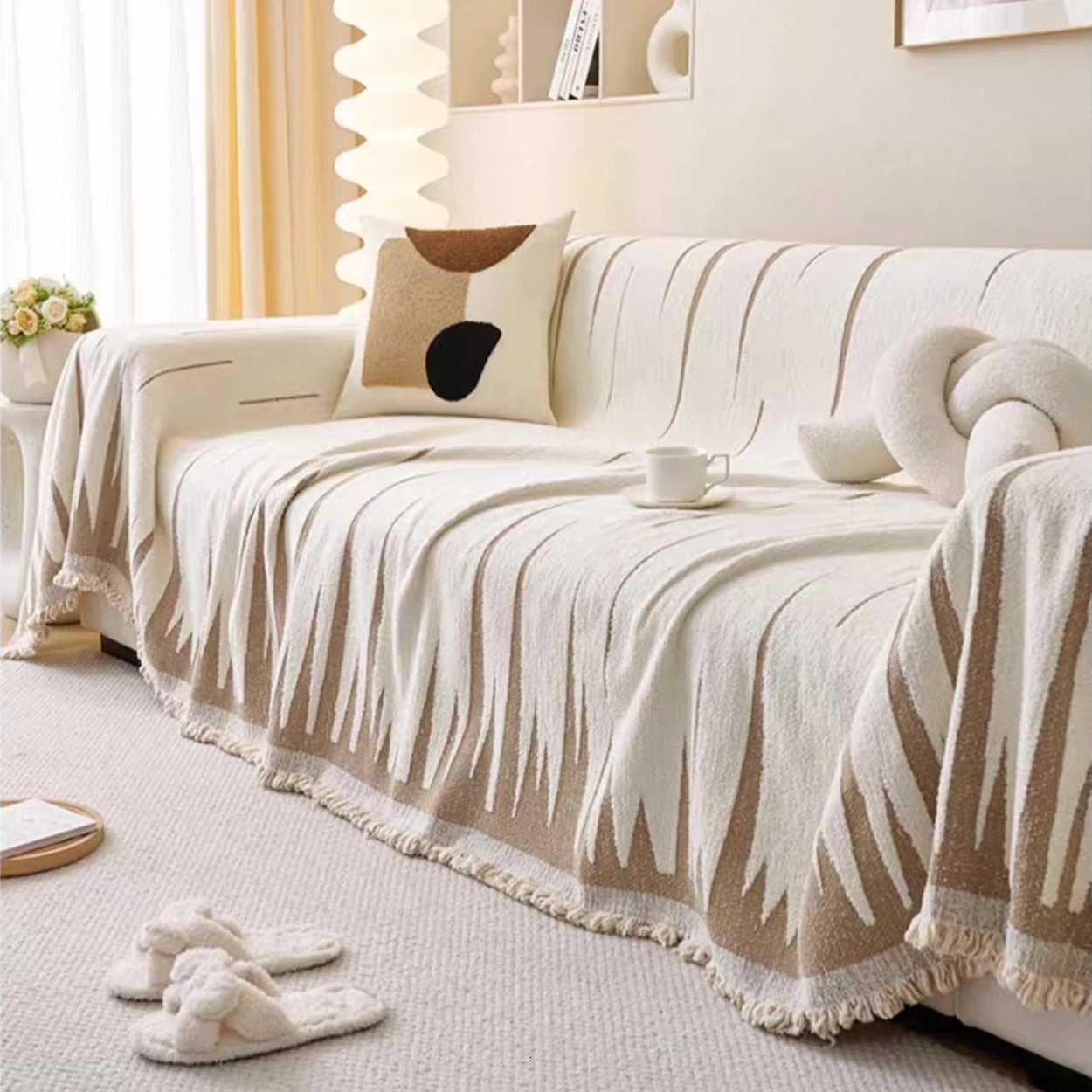 Fluffy Geometric Jacquard Warm Soft Sofa Towel with Tassels for Living Room Couch Cover Blanket C251028