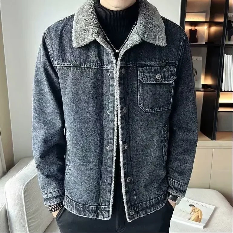Mens Denim Jacket Winter Thickened Fleece Lined Fashionable Arrival Of The Season Cotton Coat with Lamb Fur Collar 251027
