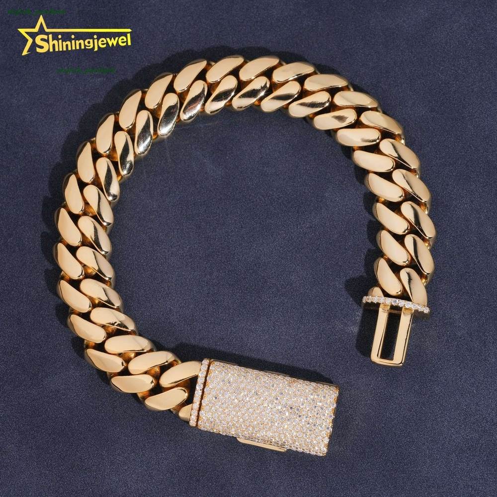 High Quality Hip Hop Jewelry 925 Sterling Silver 12mm Moissanite Lock Plain Cuban Link Chain Bracelet