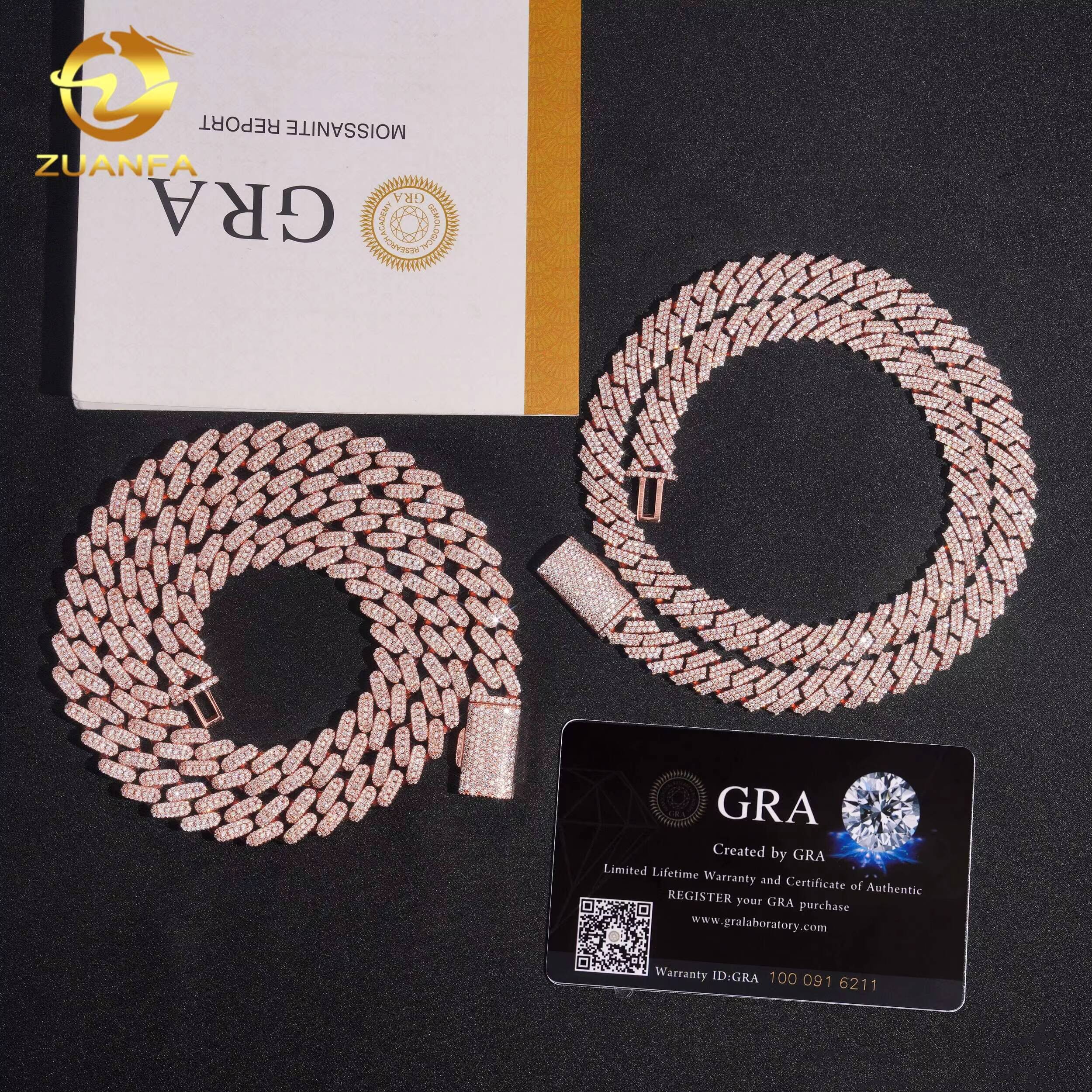 Zuanfa Jewelry 10mm Moissanite Chain Cuban Links Prong Chain 925 Silver Oval Shape Cuban Link Chain Necklace Rose Gold Plated