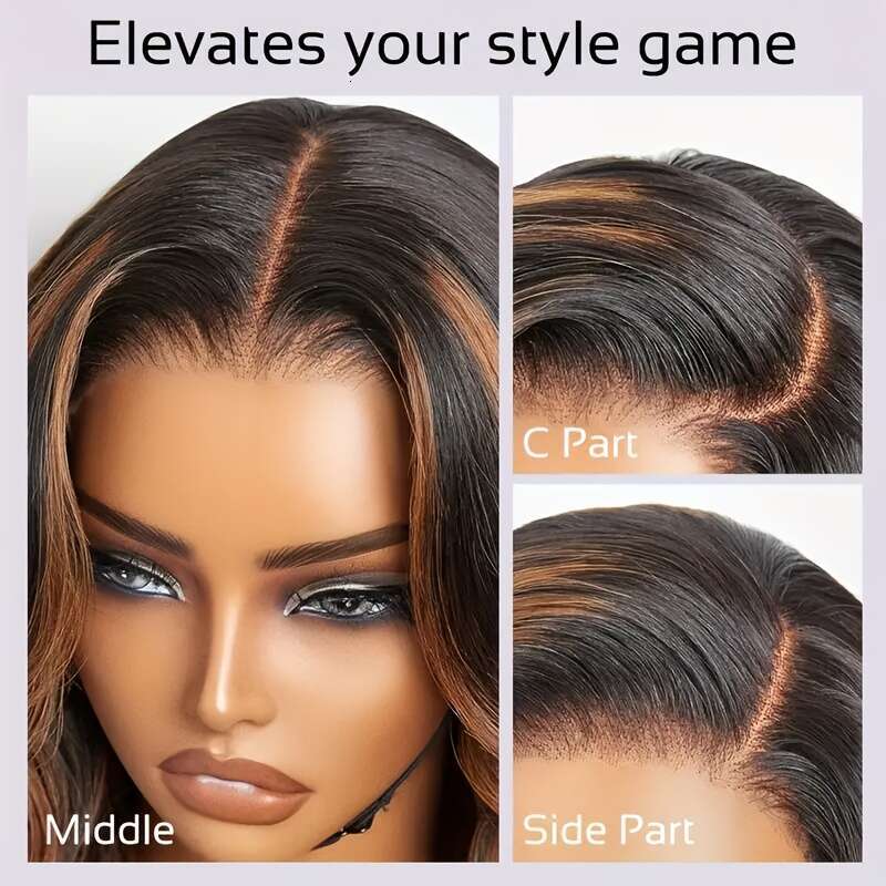 5X5 Glueless Lace Front With Brown Highlights - Pre-Plucked Loose Body Wave Human Hair Long Black Hairpiece For Women, Ready To Wear Natural Look, Wig