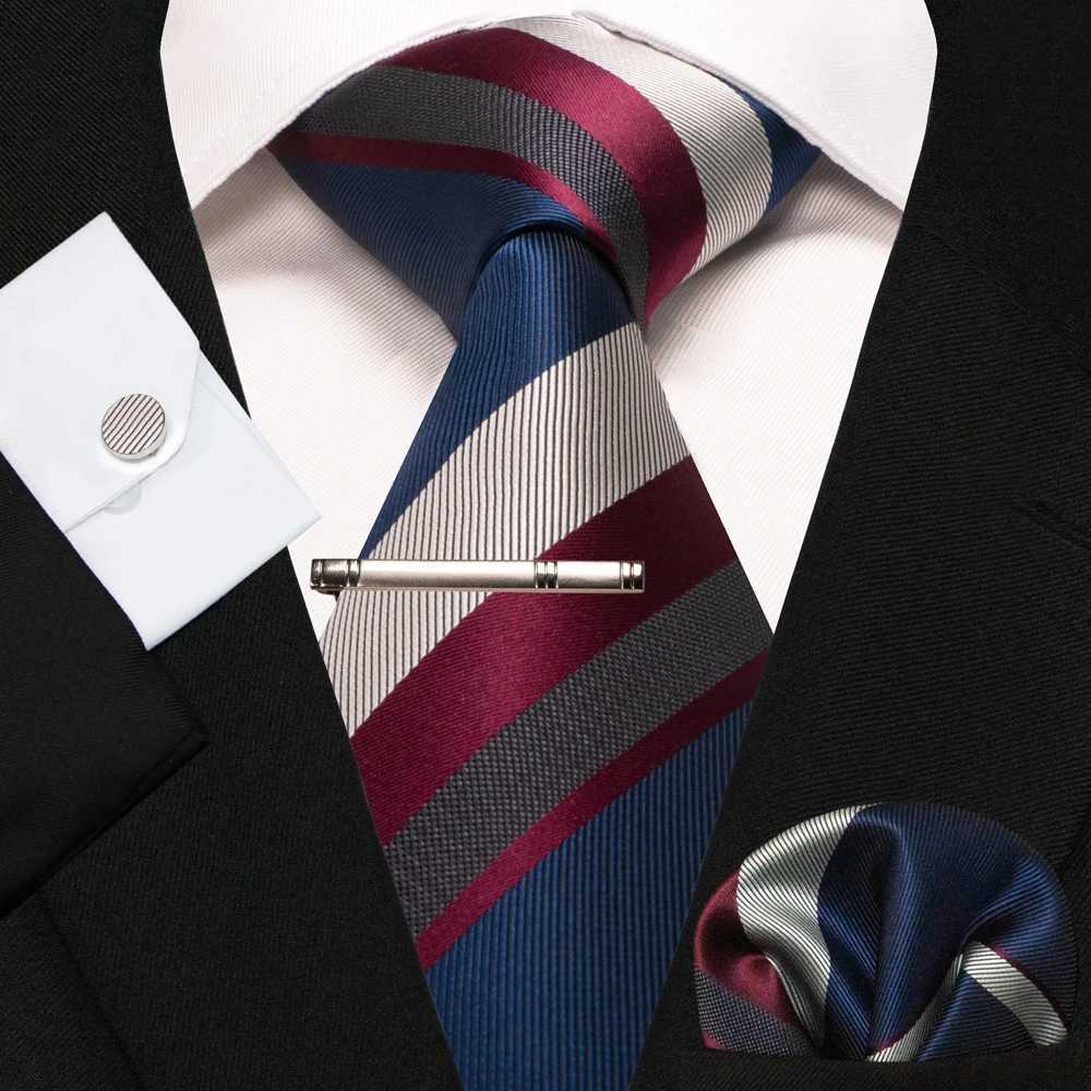 KAMBERFT New Classic Silk Mens Tie Red Gold Striped Mens Tie Handkerchief Cufflinks Set Wedding Business Party GravatasW251028