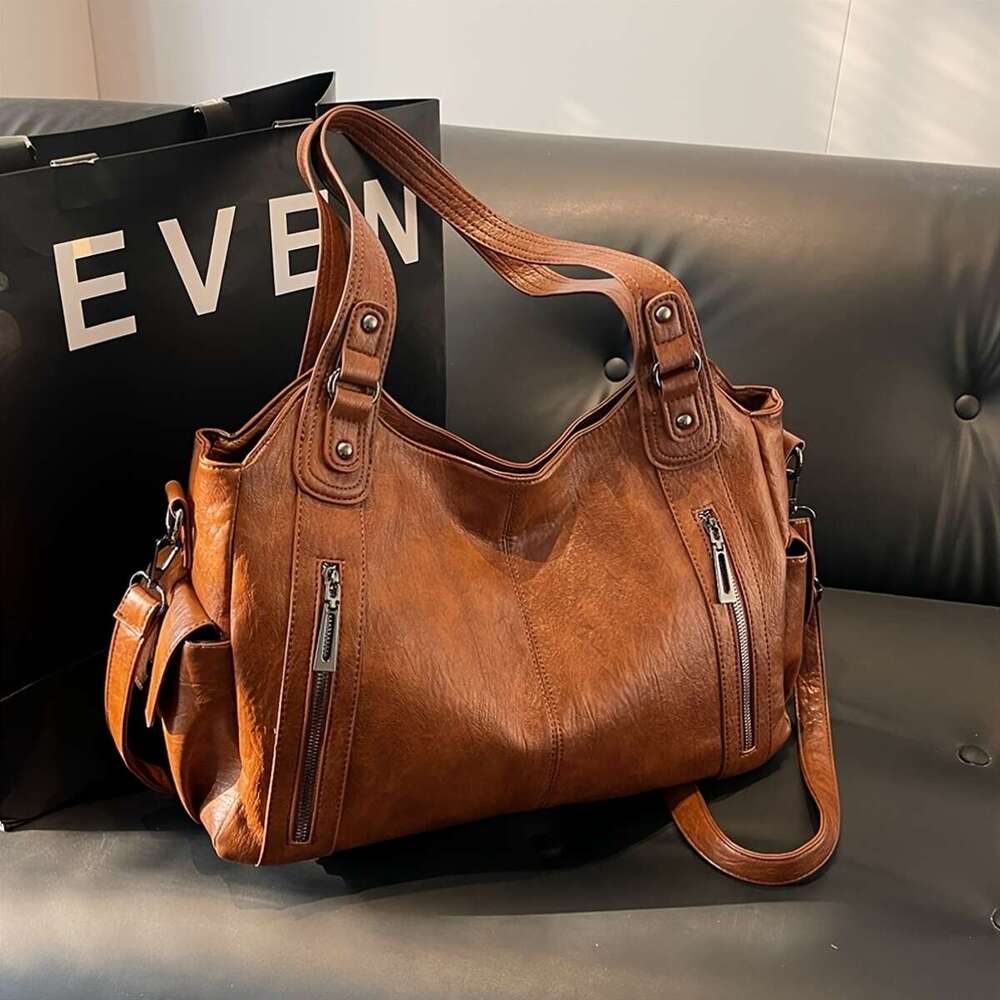 2025 New Women Large Capacity Tote Bag With Adjustable Strap, Multiple Zippered Compartments Front Pocket Brown, Versatile Commuter