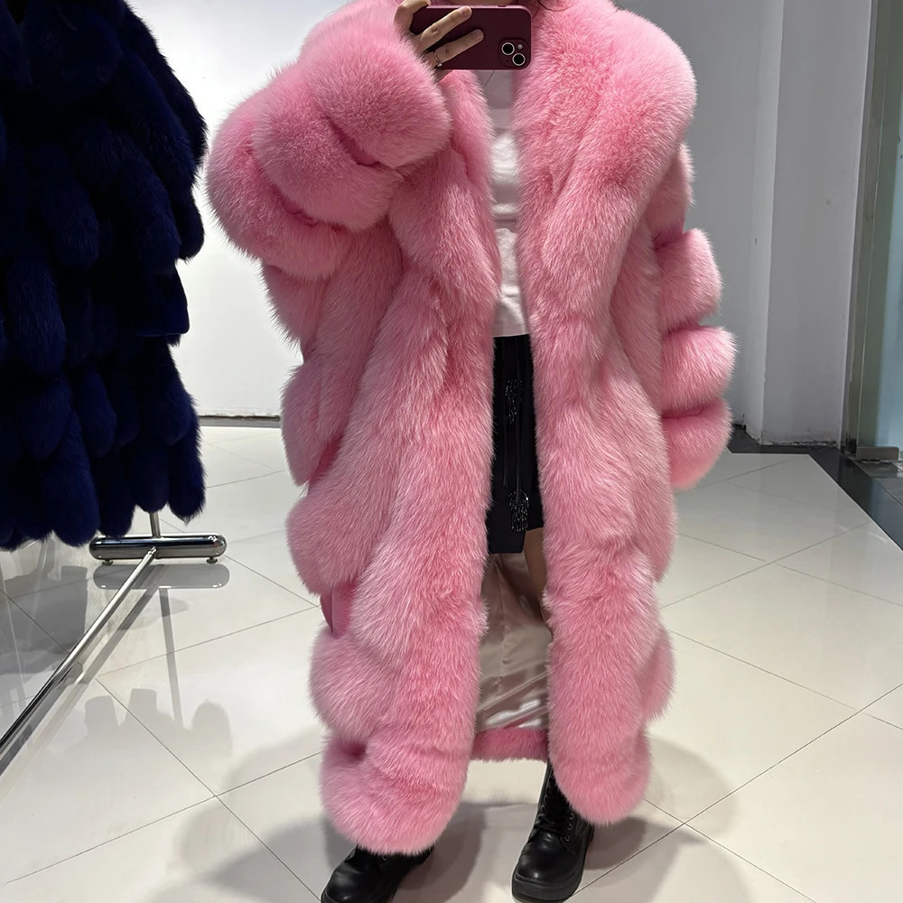 YOLOAgain 2025 Winter Warm Real Fox Fur Coat Women Pink Fox Fur Jacket Long 251027