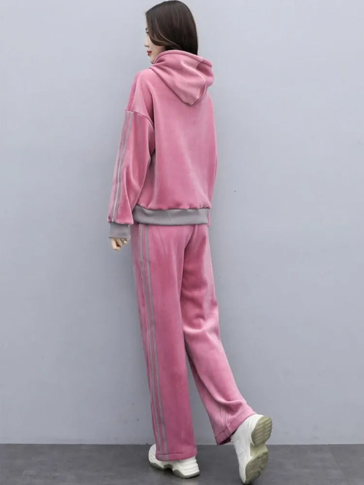 Winter Fleece Lining Thicken Warm Women Velvet Tracksuit Pullover Hooded Sweatshirt Straight Pants Running Sports Two Piece Set 251027