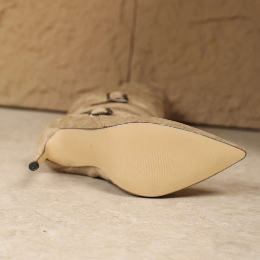 Women's Pointed Toe Stiletto Heel Knee-High With Adjustable Buckle Straps & Side Zipper - Elegant Beige Cover-Like Boots For Versatile Casual To 