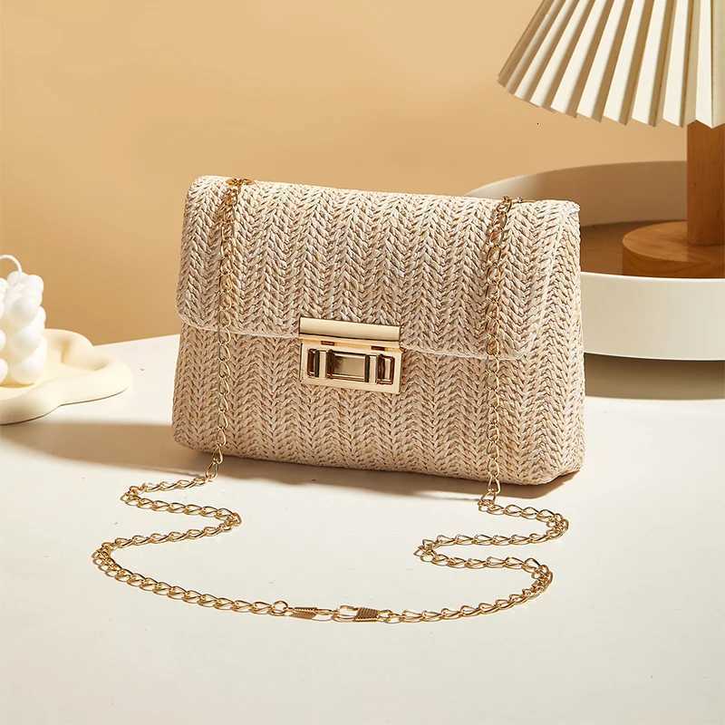 Buckle Closure Chain Crossbody Shoulder BagSweet Chic Raffia Woven Women Sling BagSolid Color Lightweight Beach Travel PurseT251028
