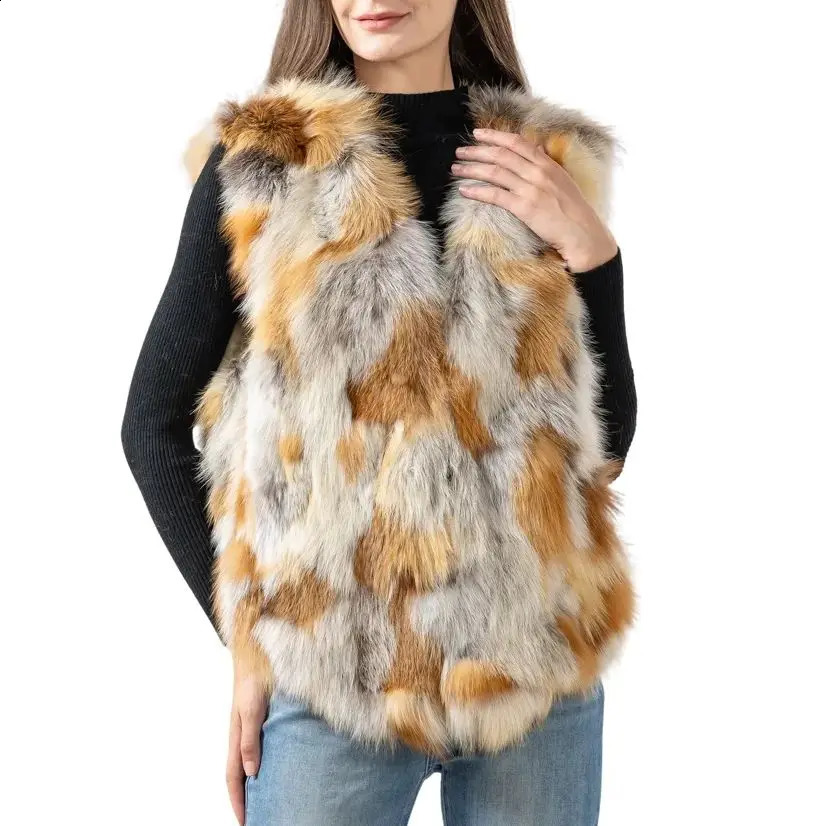 Womens Natural Fox Fur Vest For Winter Outerwear Sleeveless Waistcoat made of small pieces of colorful fur 251027