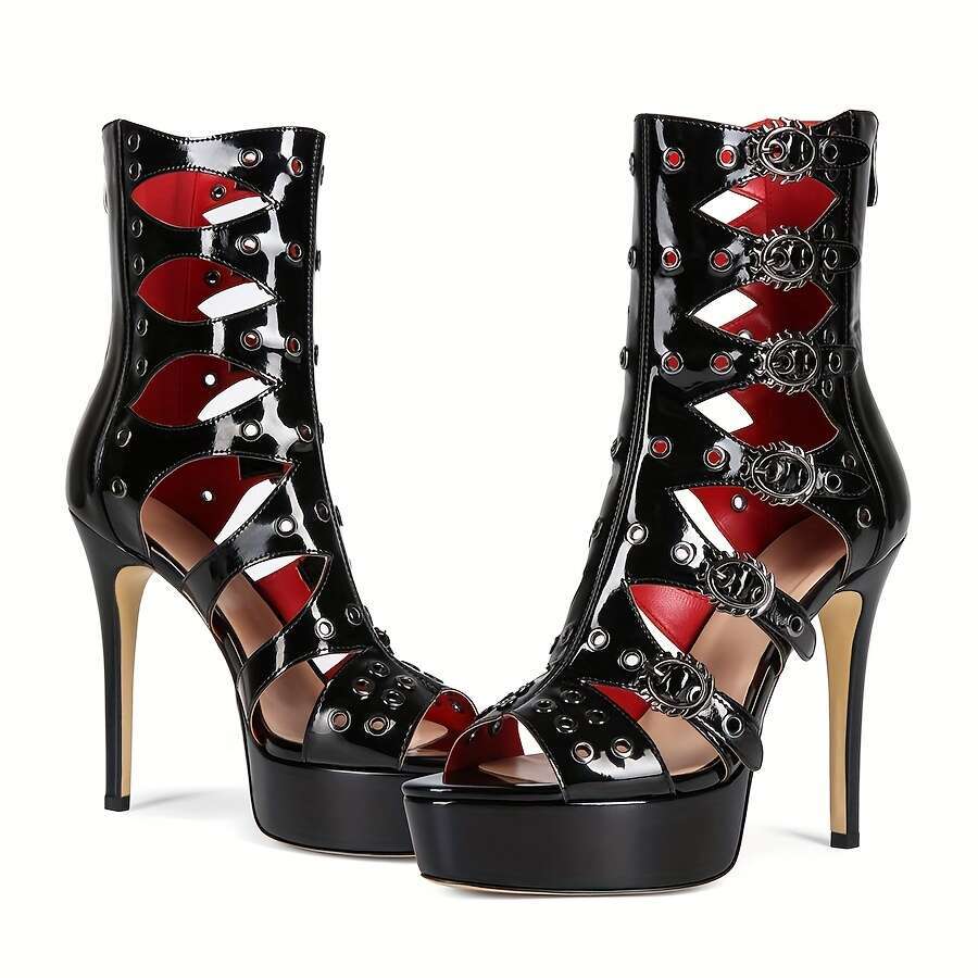 Women's Ultra-High Stiletto Heels Sexy Open-Toe Roman Gladiator Sandals With Zipper Closure, Pointed Toe Chunky Platform Heel - Elegant & Red Acc