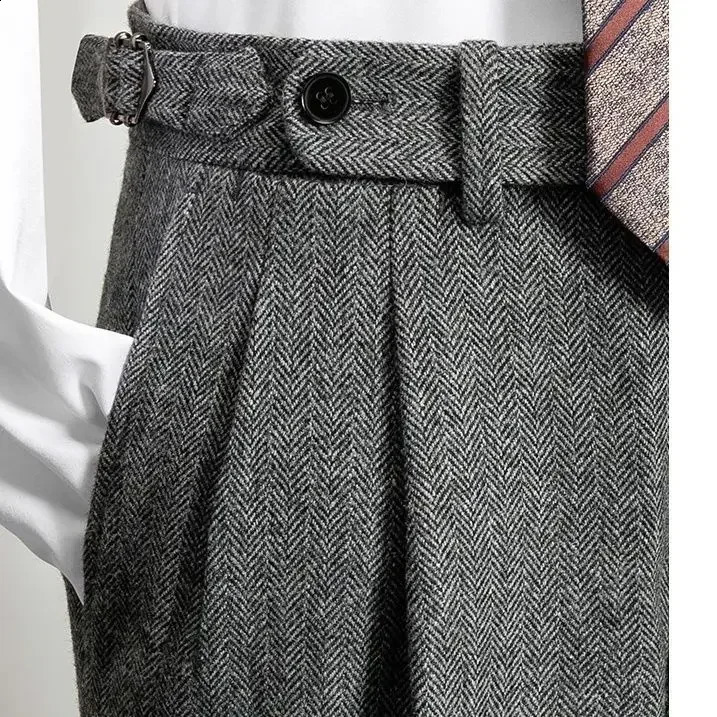 Mens Autumn Winter Fashion High Waist Wool Trousers Male Tweed Casual Pockets Pants Men Long Straight Suit F394 251027