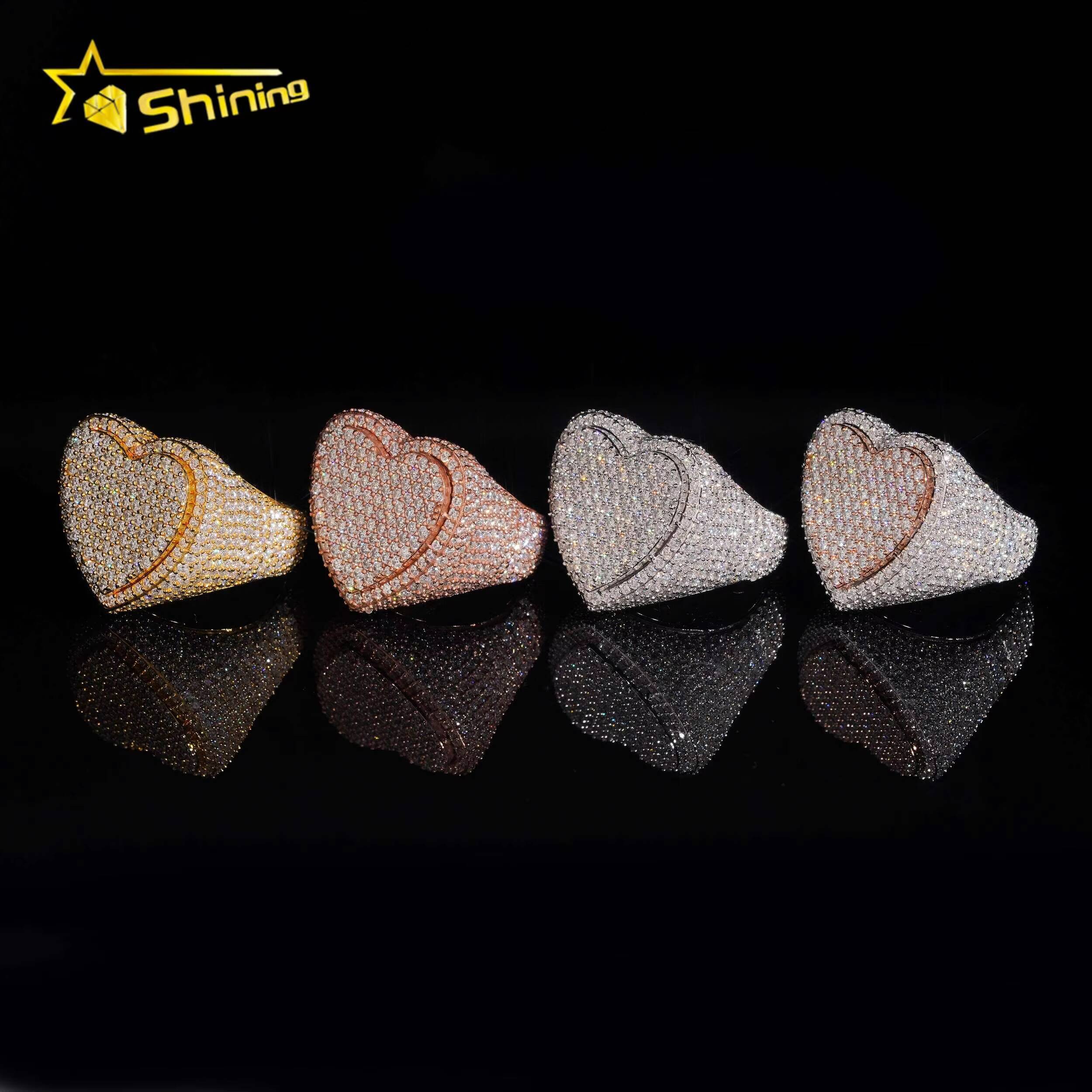 Heart ShapeIced Out Moissanite Ring GRA Pass Diamond Test 925 Sterling Silver Gold Plated Hip Hop Mens Rings