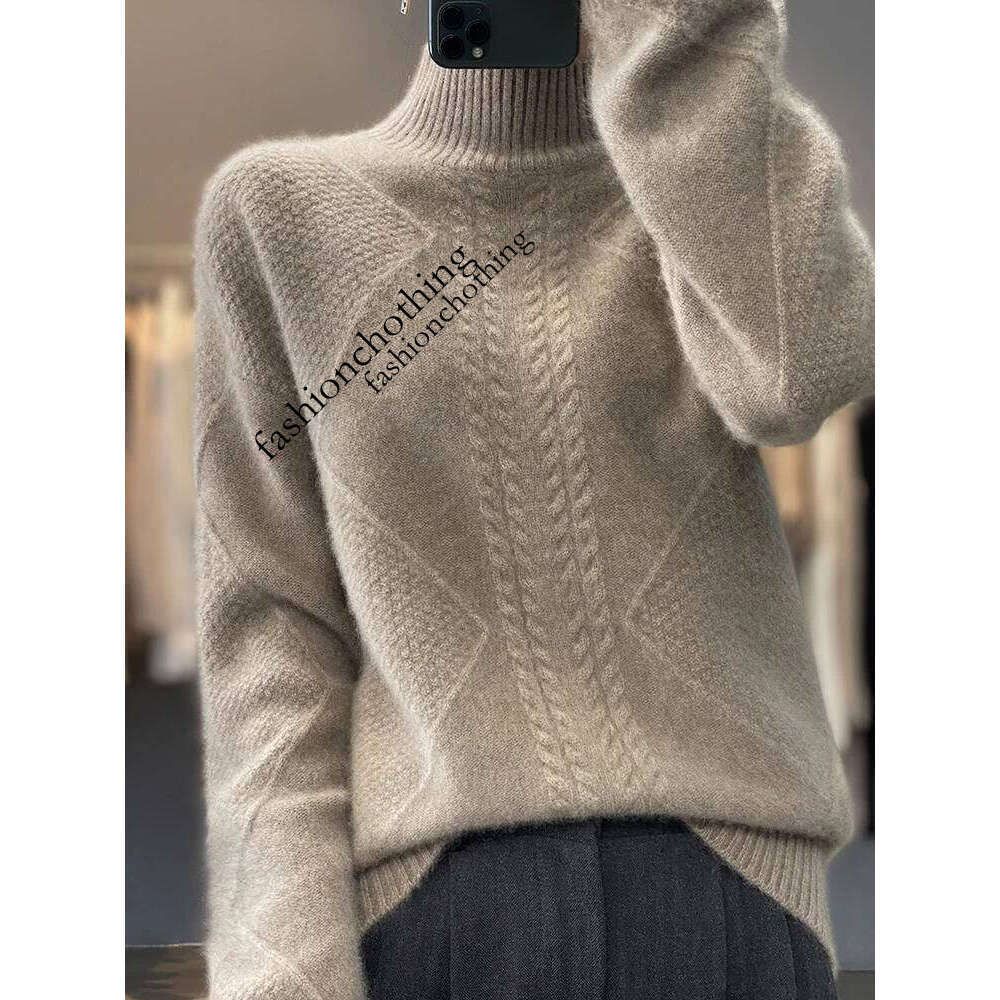Women Mock Neck Pullovers Cashmere Sweater Autumn Winter Thick Warm Twist Casual 100% Merino Wool Knitwear Korean Fashion Tops